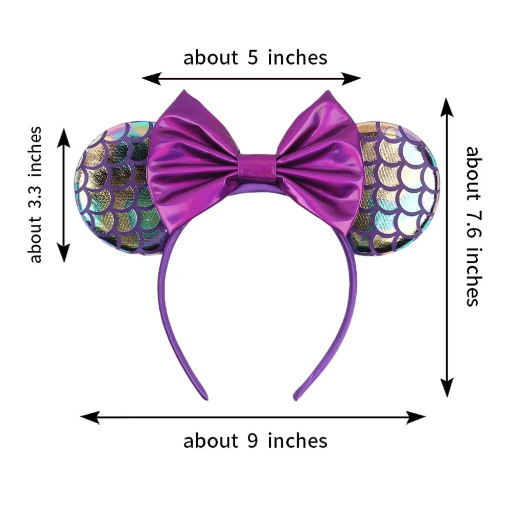 Mermaid Style Purple Mouse Ears Headband With Shining Bow, for Girls Women Disneyland Costume Christmas Cosplay Glitter Party Decoration; MRY-Z5