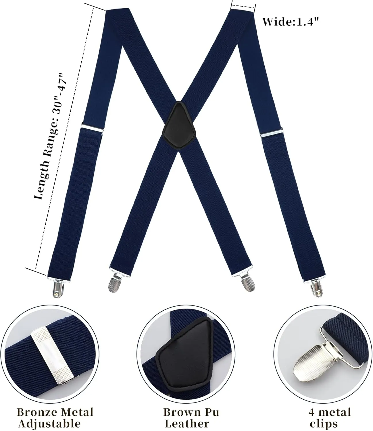MIAOMIAO Men's 1 1/2 Inch Heavy Duty Adjustable X-Back Suspenders with Strong Clips for Work and Jeans
