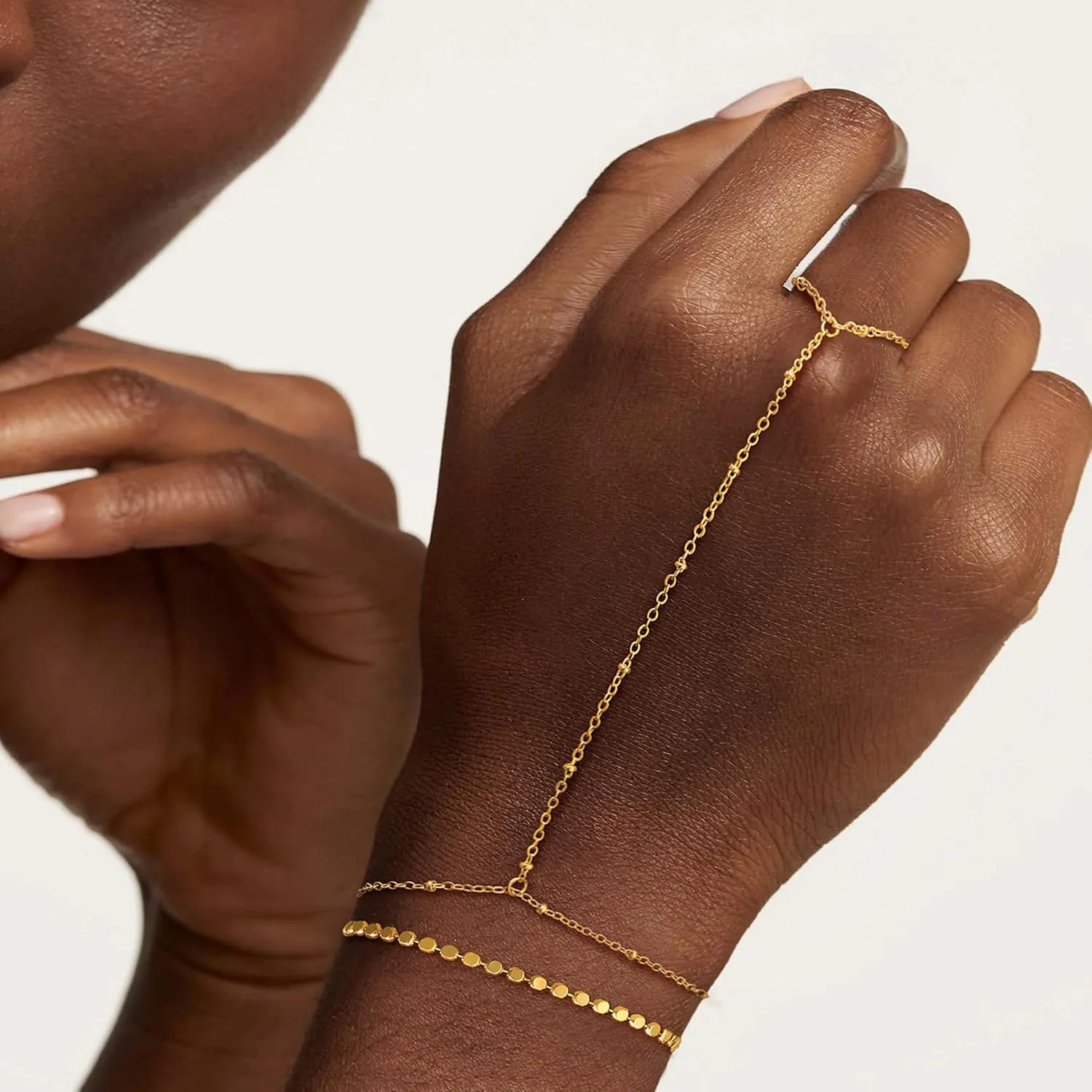 Moodear Dainty Ring Bracelet Hand Chain for Women - 14K Gold Plated/Sterling Silver Layered Adjustable Satellite Bead Paperclip Dot CZ Link Hand Chain Bracelets Non Tarnish Trendy Jewelry Gift