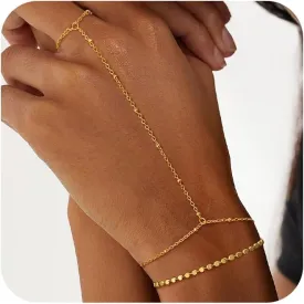 Moodear Dainty Ring Bracelet Hand Chain for Women - 14K Gold Plated/Sterling Silver Layered Adjustable Satellite Bead Paperclip Dot CZ Link Hand Chain Bracelets Non Tarnish Trendy Jewelry Gift