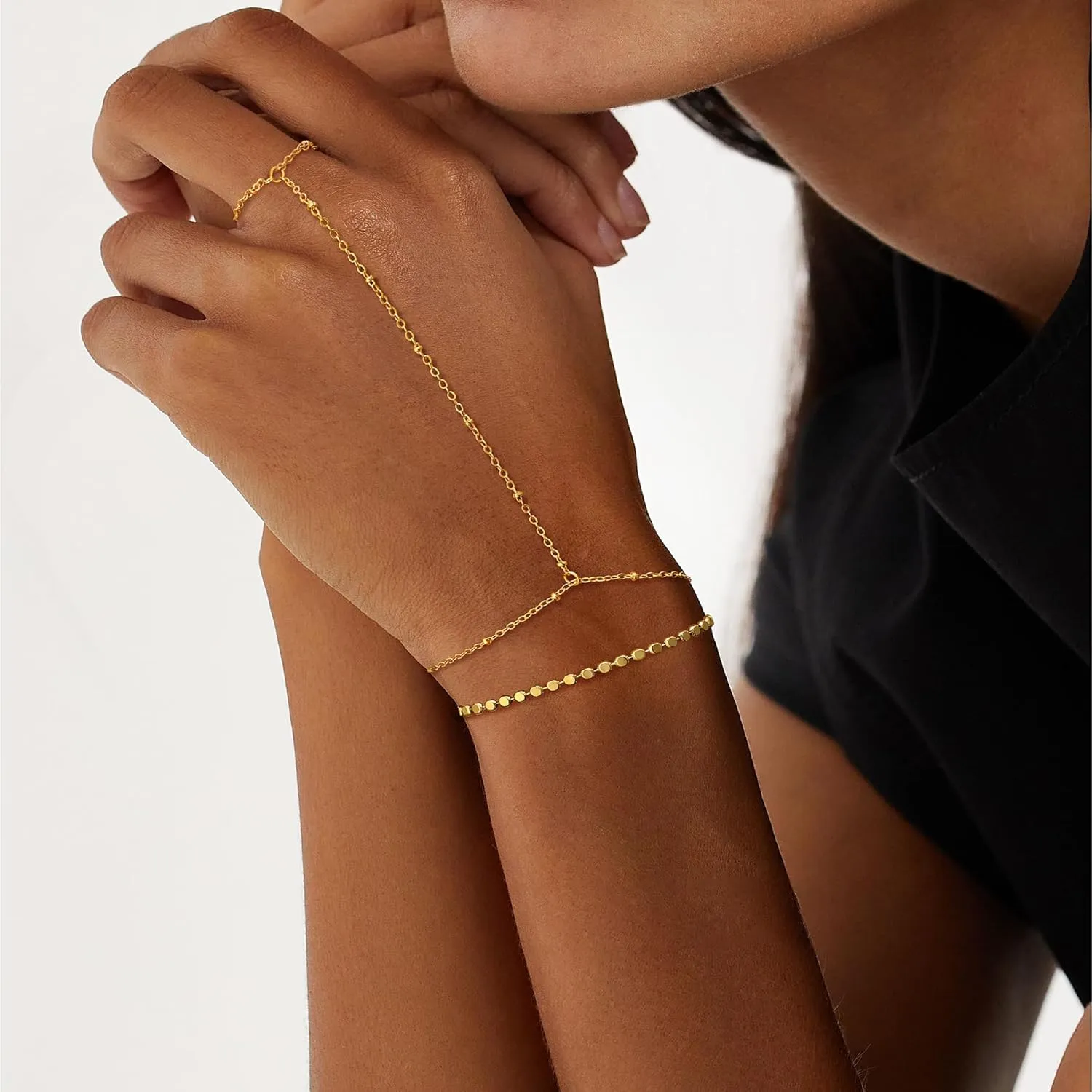 Moodear Dainty Ring Bracelet Hand Chain for Women - 14K Gold Plated/Sterling Silver Layered Adjustable Satellite Bead Paperclip Dot CZ Link Hand Chain Bracelets Non Tarnish Trendy Jewelry Gift