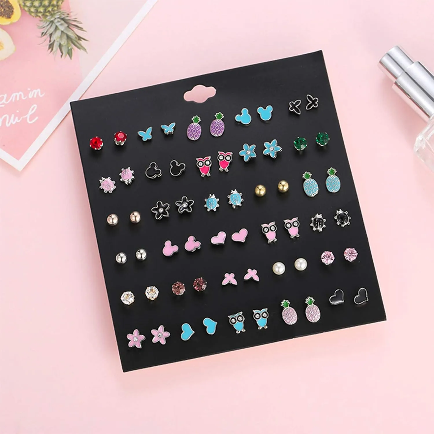 NEWITIN 100 Pairs Colorful Cute Earrings for Girls Sensitive Ears Hypoallergenic Girl Stud Earrings Set Stainless Steel Cartoon Stud for Girls and Women