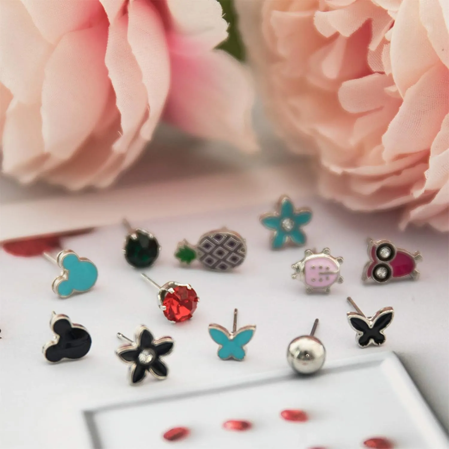 NEWITIN 100 Pairs Colorful Cute Earrings for Girls Sensitive Ears Hypoallergenic Girl Stud Earrings Set Stainless Steel Cartoon Stud for Girls and Women