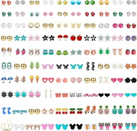 NEWITIN 100 Pairs Colorful Cute Earrings for Girls Sensitive Ears Hypoallergenic Girl Stud Earrings Set Stainless Steel Cartoon Stud for Girls and Women