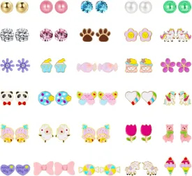 NEWITIN 30 Pairs Colorful Cute Earrings for Girls Sensitive Ears Hypoallergenic Girl Stud Earrings Set Stainless Steel Cartoon Stud for Girls and Women