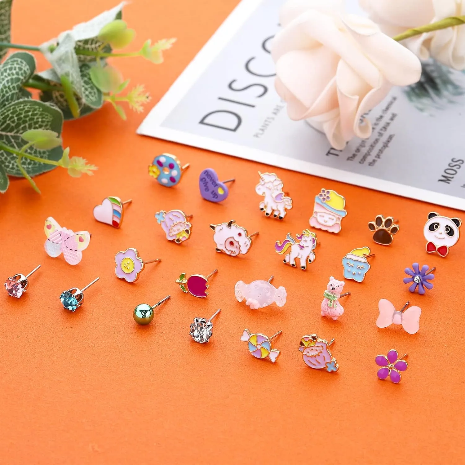 NEWITIN 30 Pairs Colorful Cute Earrings for Girls Sensitive Ears Hypoallergenic Girl Stud Earrings Set Stainless Steel Cartoon Stud for Girls and Women
