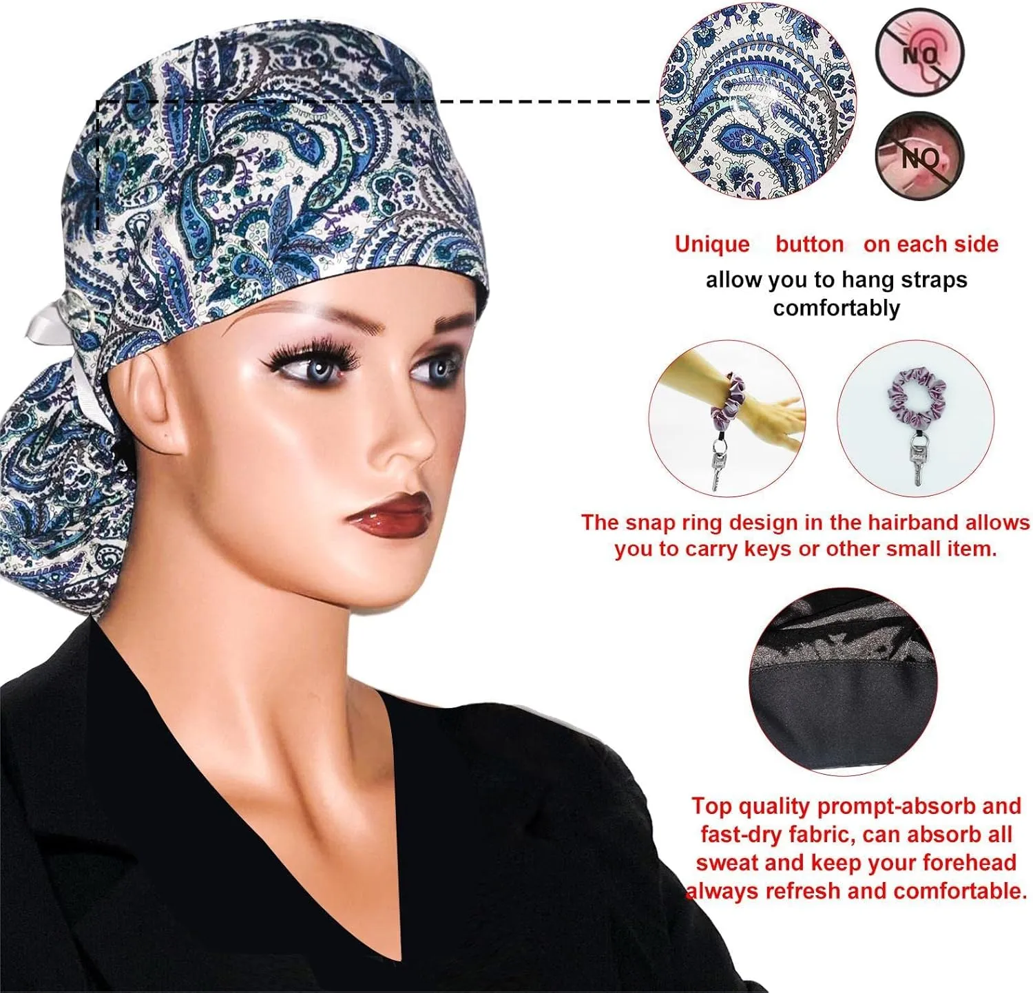 Scrub Cap with Silky Inner - Cotton Hat with Sweatband and Buttons, Adjustable Tie Back Ponytail(Randomly Provide Hair Ring)