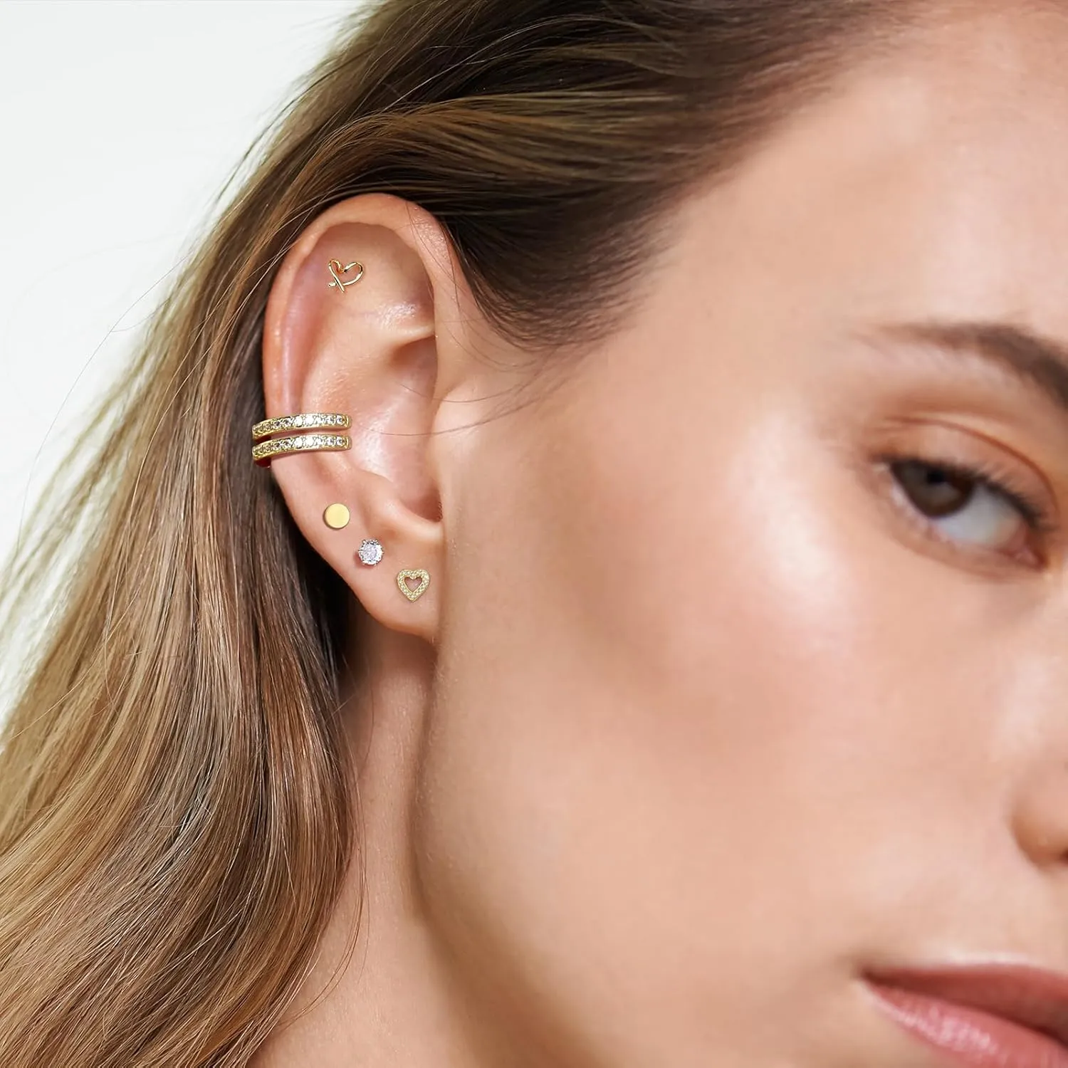 Small Gold Stud Earrings Set for Women - 14K Gold Plated CZ Huggie Hoops Hypoallergenic earrings Dainty flower Heart Stud Earrings for Jewelry Gift