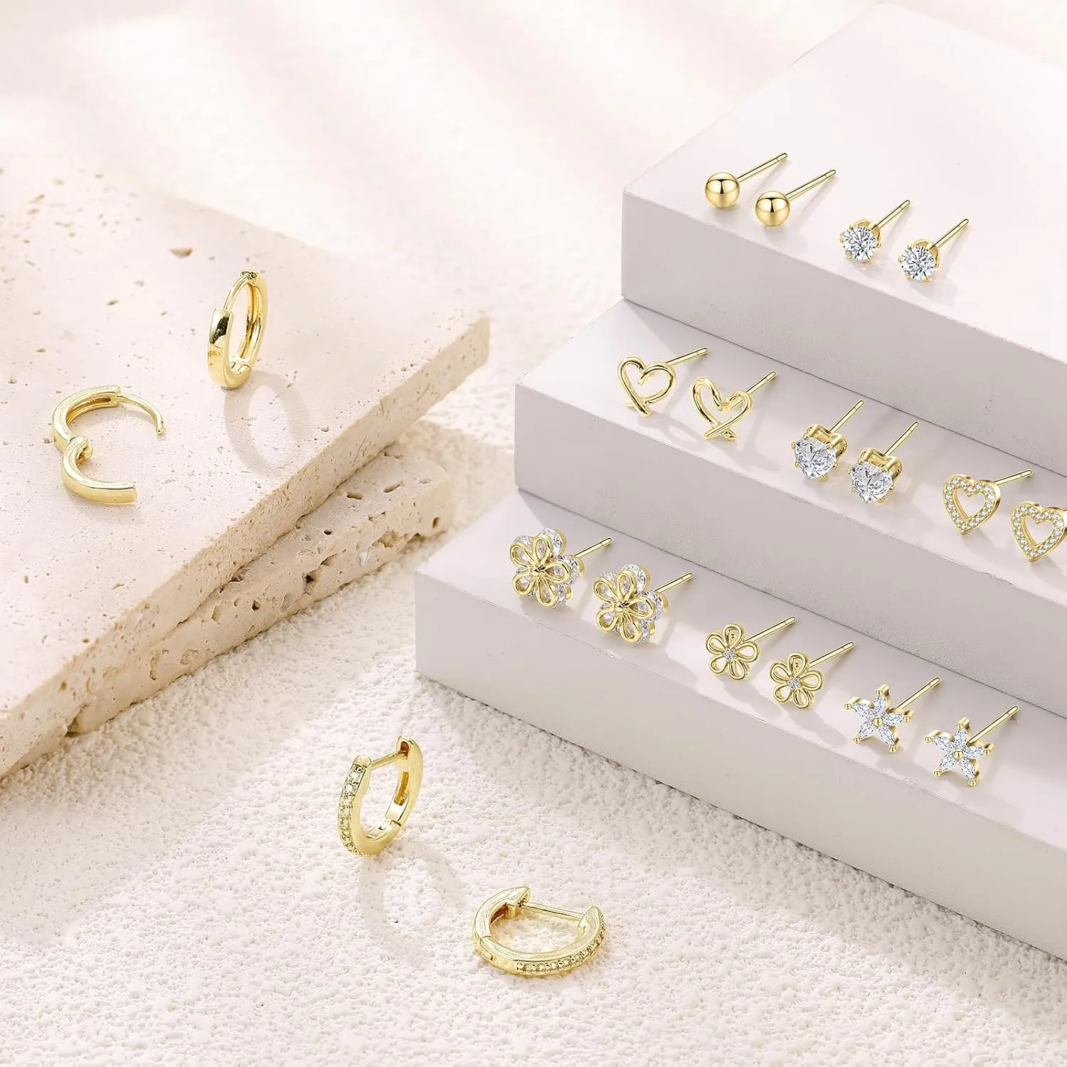 Small Gold Stud Earrings Set for Women - 14K Gold Plated CZ Huggie Hoops Hypoallergenic earrings Dainty flower Heart Stud Earrings for Jewelry Gift