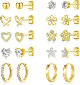 Small Gold Stud Earrings Set for Women - 14K Gold Plated CZ Huggie Hoops Hypoallergenic earrings Dainty flower Heart Stud Earrings for Jewelry Gift