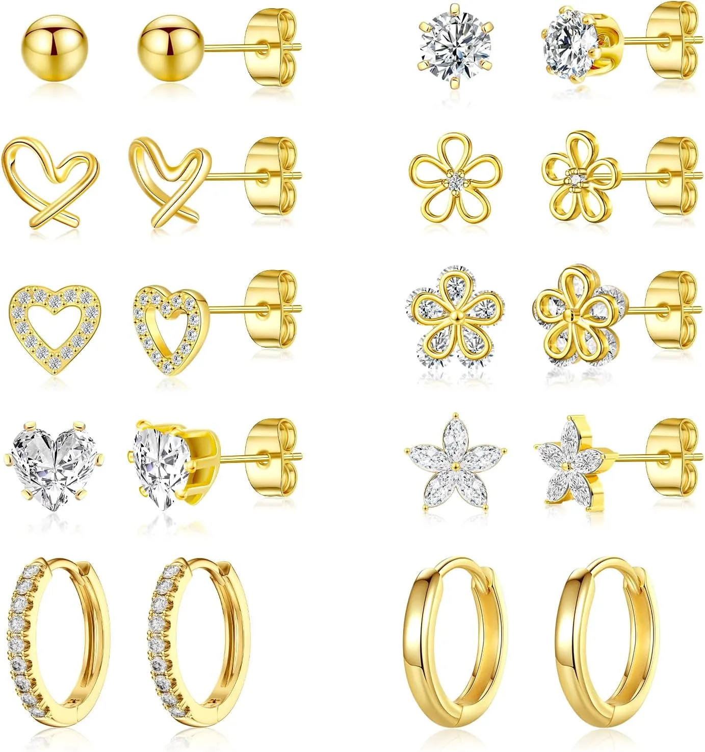 Small Gold Stud Earrings Set for Women - 14K Gold Plated CZ Huggie Hoops Hypoallergenic earrings Dainty flower Heart Stud Earrings for Jewelry Gift