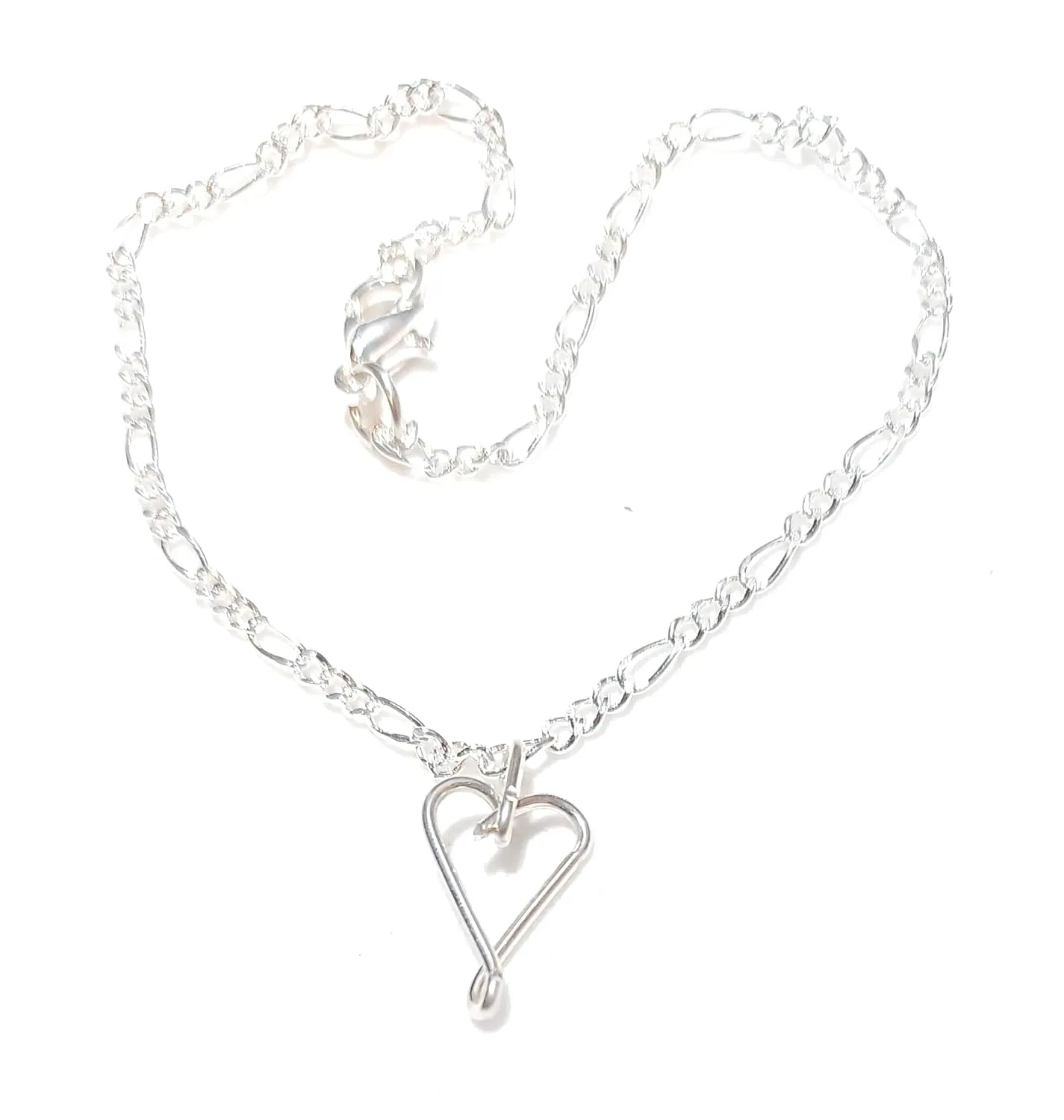 Sterling Silver plated Anklet Ankle Bracelet Heart charm 8 inch, 9 inch, 10 inch, 11 inch, 12 inch, 13 inch 2 mm Figaro chain