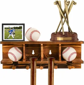 Tebery Wood Baseball Bat Holder and Ball Display Shelf Wall Mounted, Sports Memorabilia and Collectibles Floating Shelf Hanging Organizer Bat Rack -17.6 L x 3.8 W x 4.4 H