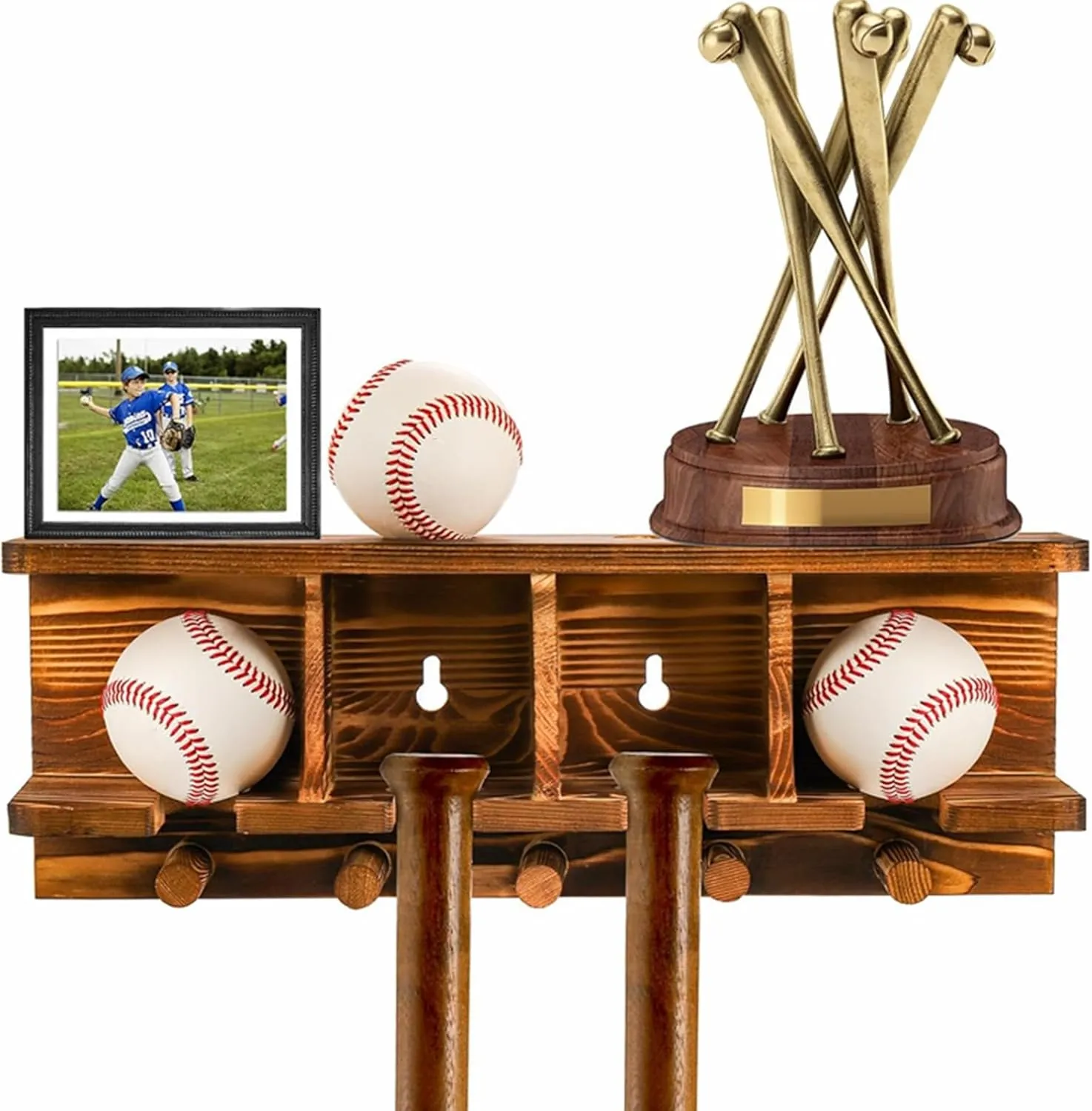 Tebery Wood Baseball Bat Holder and Ball Display Shelf Wall Mounted, Sports Memorabilia and Collectibles Floating Shelf Hanging Organizer Bat Rack -17.6 L x 3.8 W x 4.4 H