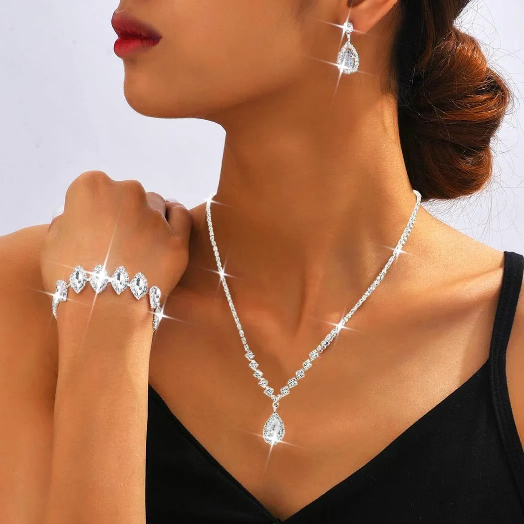 Unicra Bride Crystal Necklace Earrings Set Bridal Wedding Jewelry Sets Rhinestone Choker Necklace Prom Costume Jewelry Set for Women and Brides