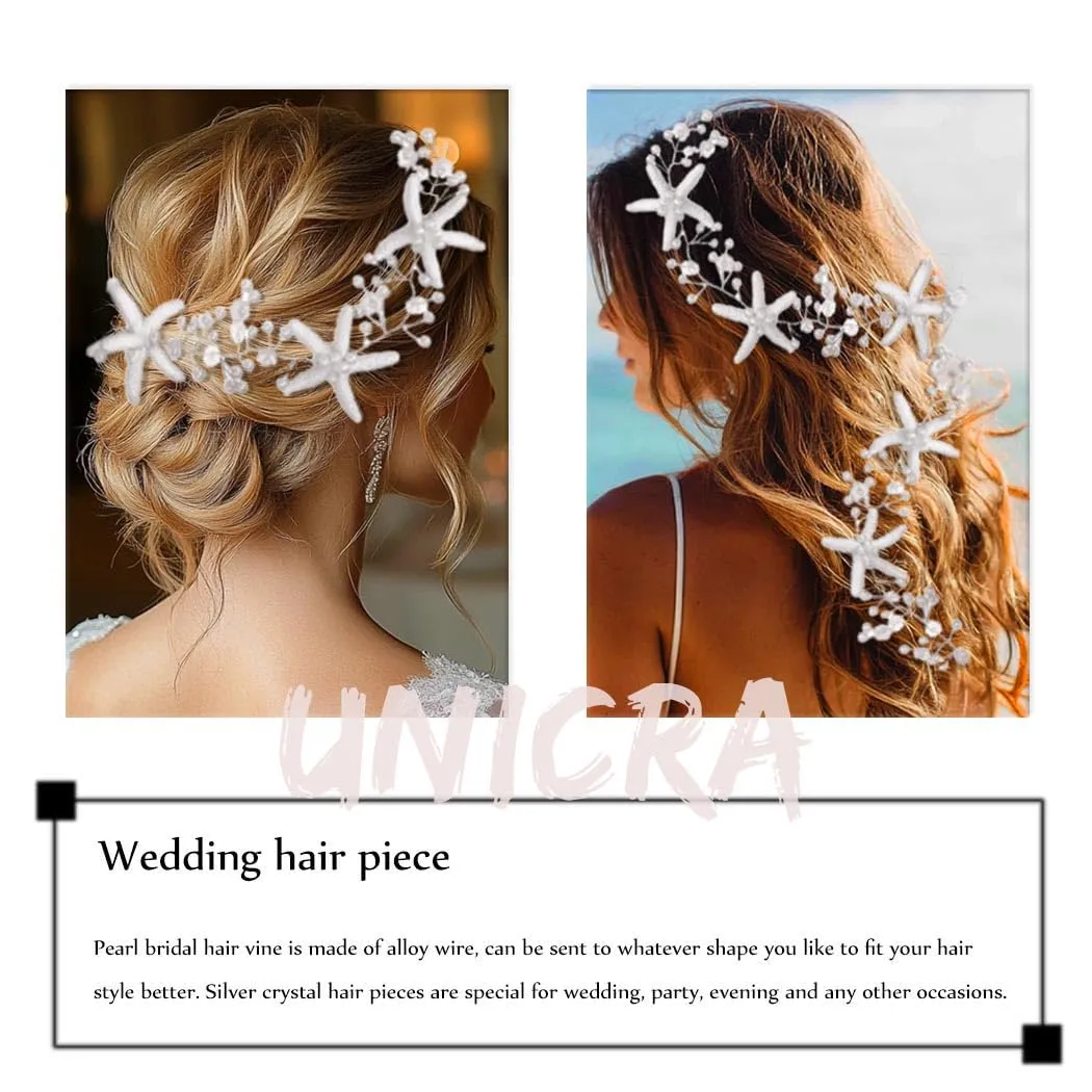 Unicra Starfish Bride Wedding Hair Vine Pearl Bridal Headband Headpiece Beach Wedding Hair Accessories for Women and Girls (A Silver)