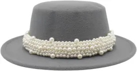 Unisex Flat Top Fedoras Hats Solid Color Pearl Accessories Jazz Cap Men Women French Elegant Top Hat