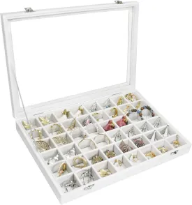 Velvet Jewelry Tray 48 Grid Jewelry Display Tray Organizer Box with Transparent Lid Rings Earrings Necklaces Pendants Display Box Suitable for Women and Girls (Ivory)