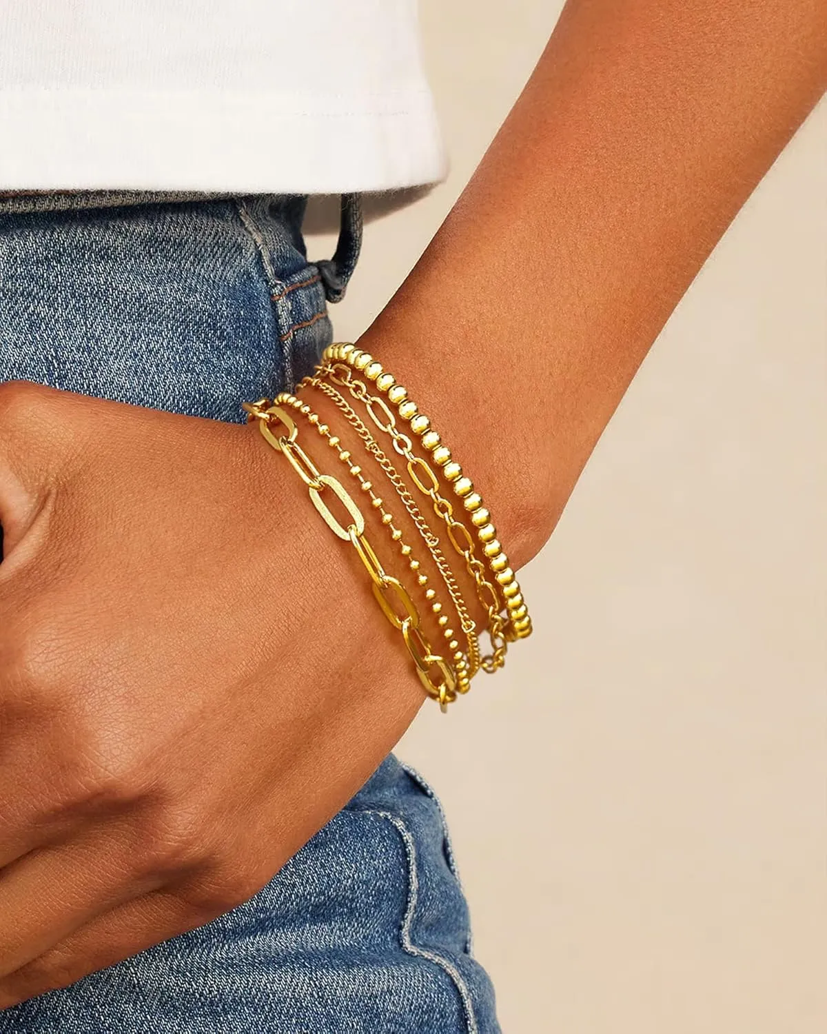 Waterproof Gold Chain Bracelet For Women Non Tarnish,14K Gold Plated Stainless Steel Link Dainty Bracelets Stake Layered Bracelet Set Hypoallergen Gold Jewelry