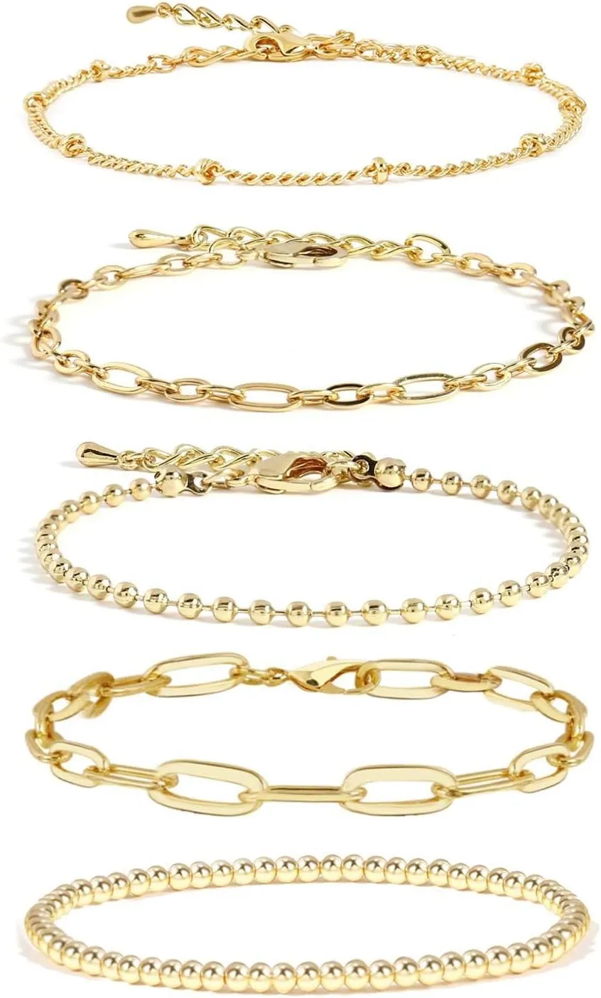Waterproof Gold Chain Bracelet For Women Non Tarnish,14K Gold Plated Stainless Steel Link Dainty Bracelets Stake Layered Bracelet Set Hypoallergen Gold Jewelry