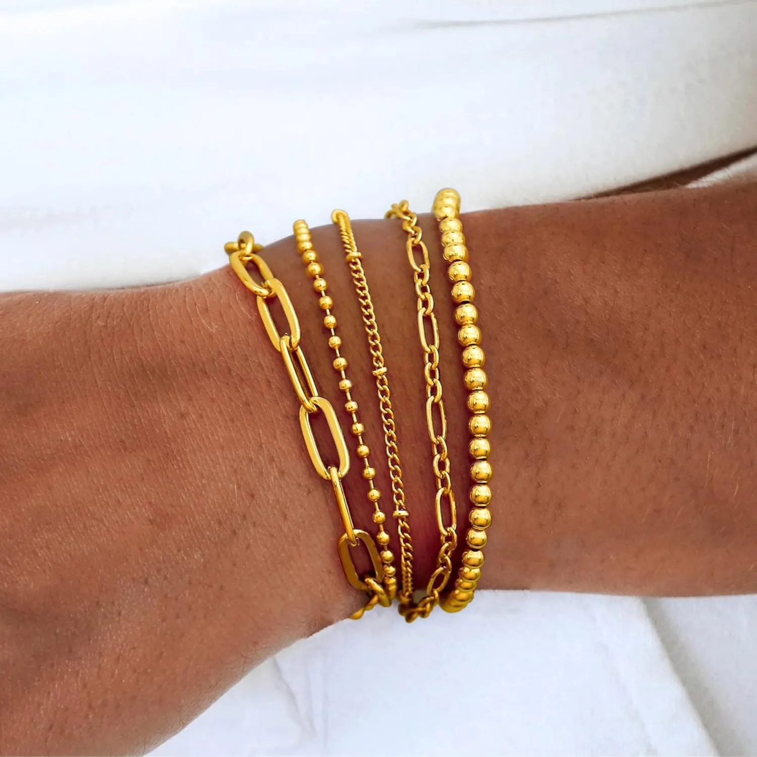 Waterproof Gold Chain Bracelet For Women Non Tarnish,14K Gold Plated Stainless Steel Link Dainty Bracelets Stake Layered Bracelet Set Hypoallergen Gold Jewelry