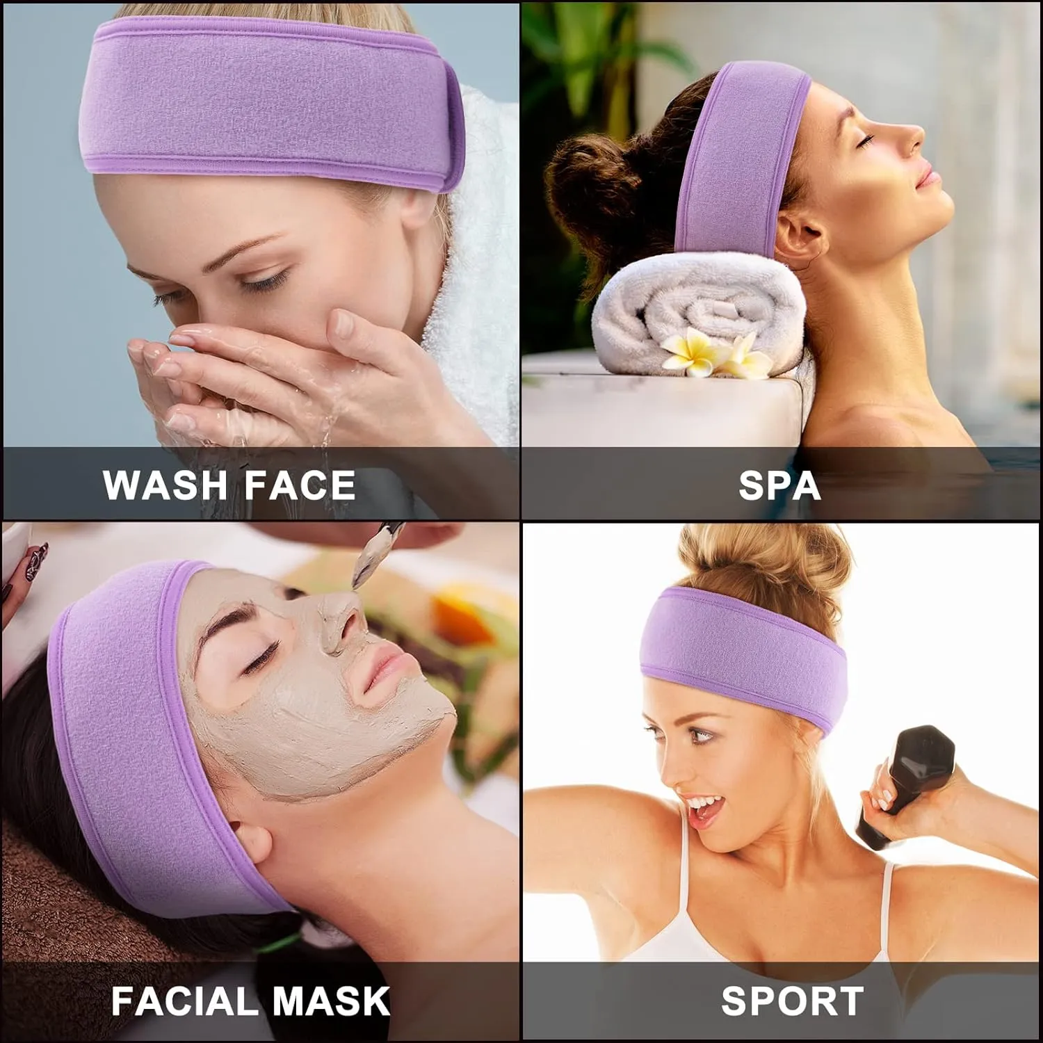 Whaline Spa Facial Headband 4 Packs Head Wrap Terry Cloth Headband Adjustable Stretch Towel for Bath, Makeup and Sport (Light Purple)