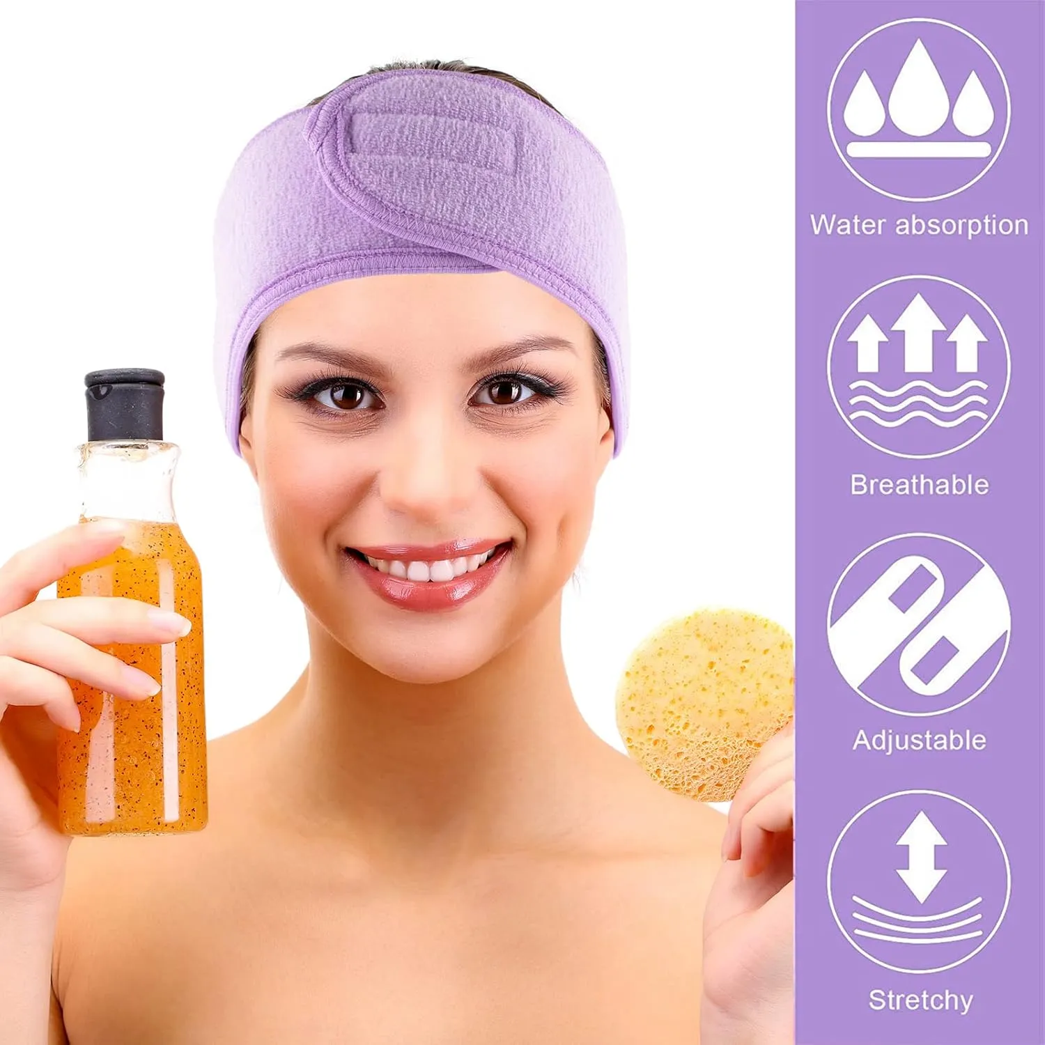 Whaline Spa Facial Headband 4 Packs Head Wrap Terry Cloth Headband Adjustable Stretch Towel for Bath, Makeup and Sport (Light Purple)