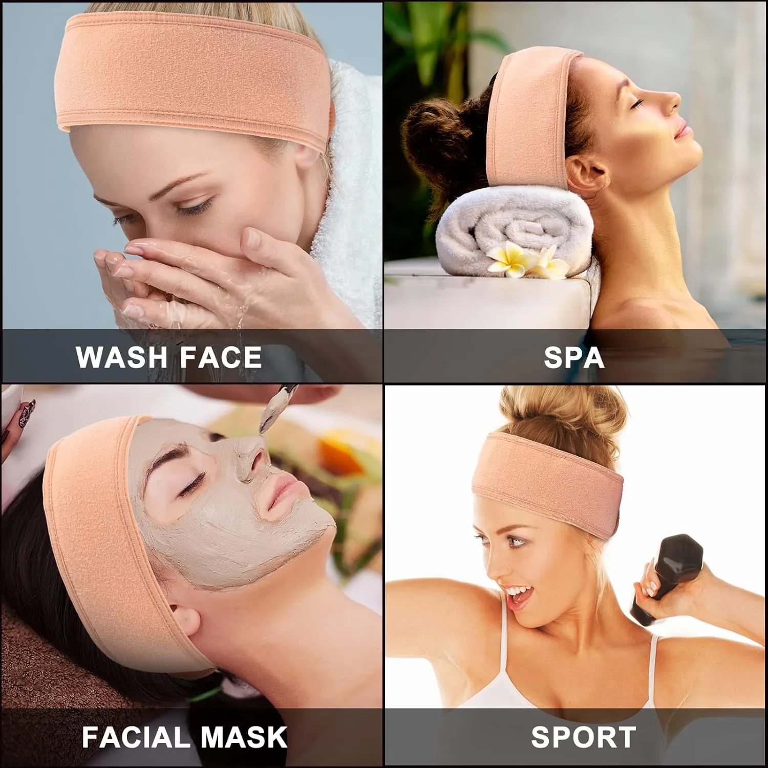 Whaline Spa Facial Headband 4 Packs Head Wrap Terry Cloth Headband Adjustable Stretch Towel for Bath, Makeup and Sport (Living Coral)