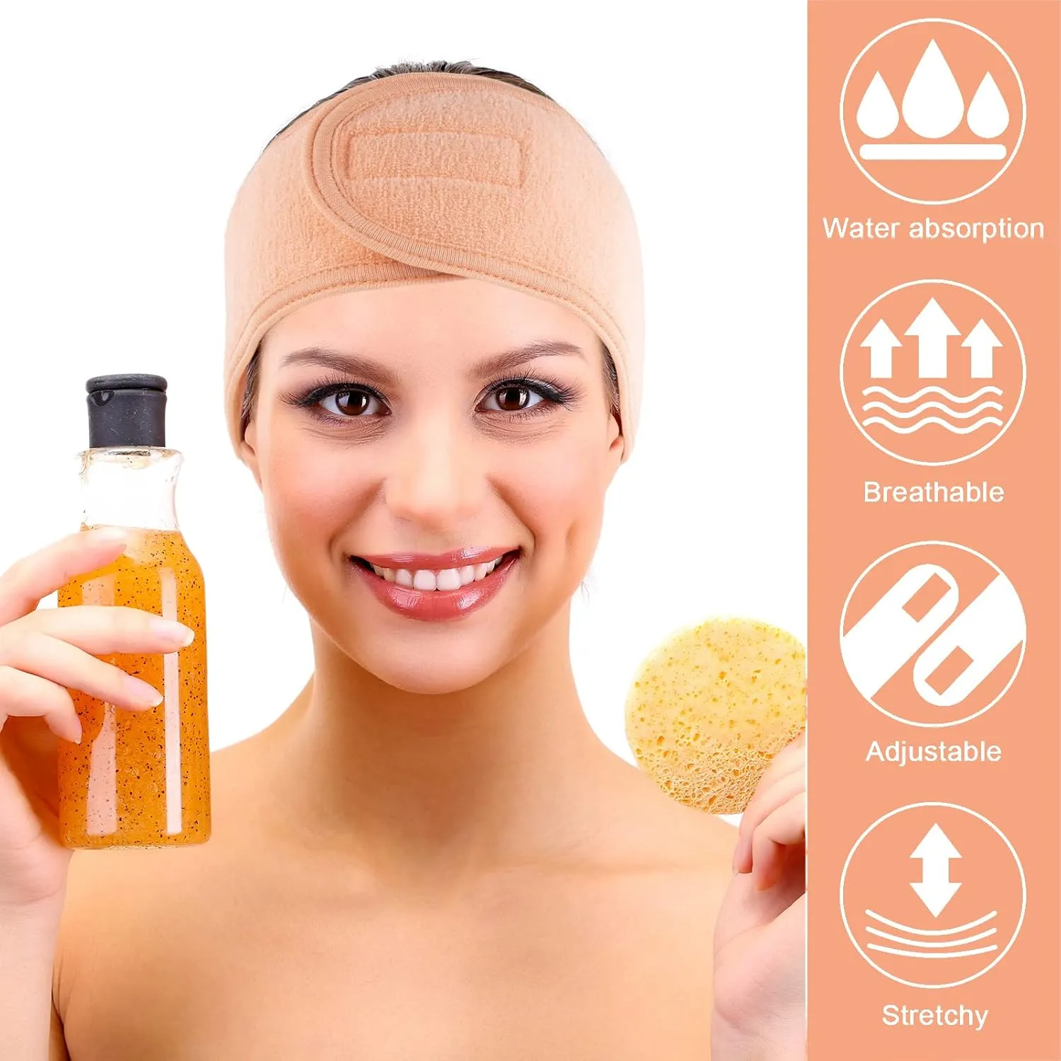 Whaline Spa Facial Headband 4 Packs Head Wrap Terry Cloth Headband Adjustable Stretch Towel for Bath, Makeup and Sport (Living Coral)
