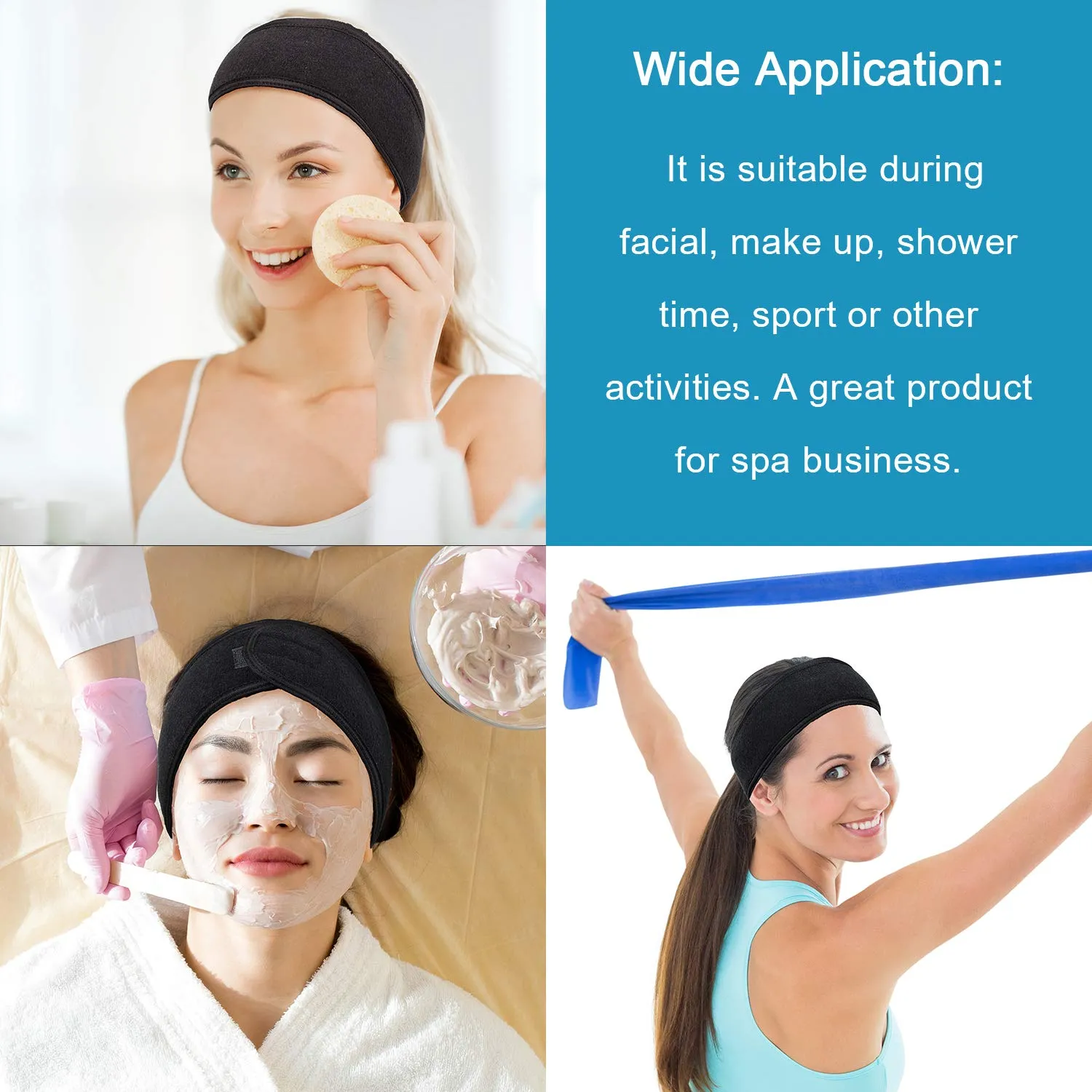 Whaline Spa Facial Headband Head Wrap Terry Cloth Headband 4 Counts Stretch Towel for Bath, Makeup and Sport (Black)