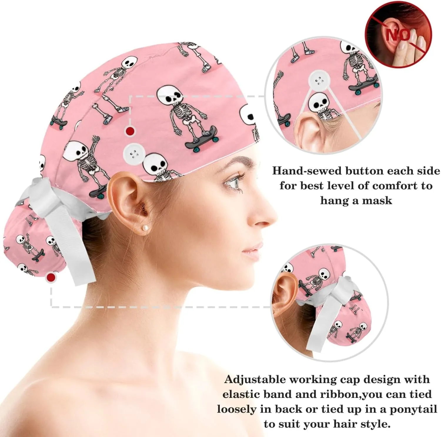Women's Bouffant Scrub Caps Blue Line Sunflower Working Cap Nurse Hat Surgical Cap with Button and Sweatband