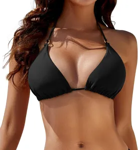 Women's Triangle Bikini Top Ring Padded Halter String Bathing Suits Tops