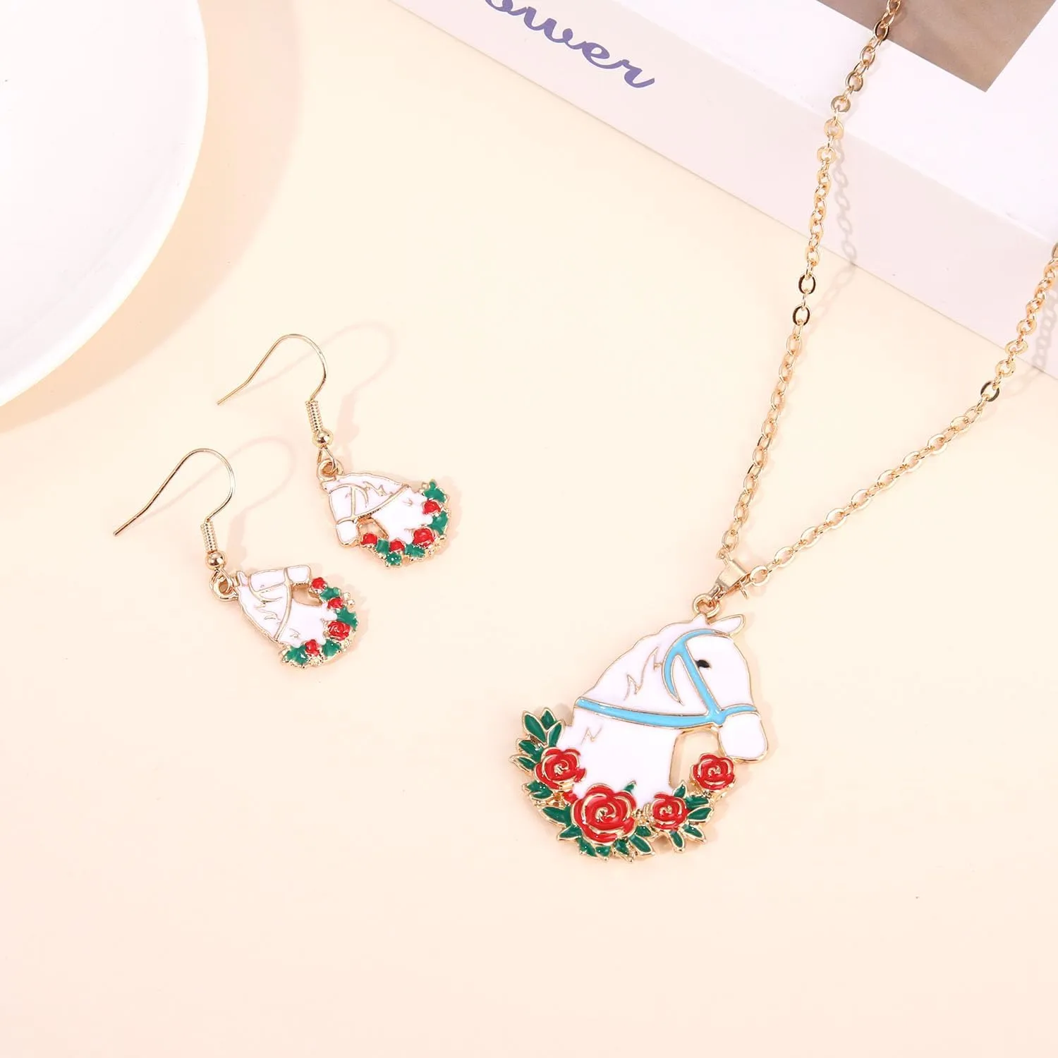 YAHPERN Kentucky Derby Necklace Earrings for Women Lucky Horseshoe Necklace Rose Horse Long Pendant Necklace Dangle Earrings Kentucky Derby Jewelry Set Costume Accessories Outfit Party Gifts