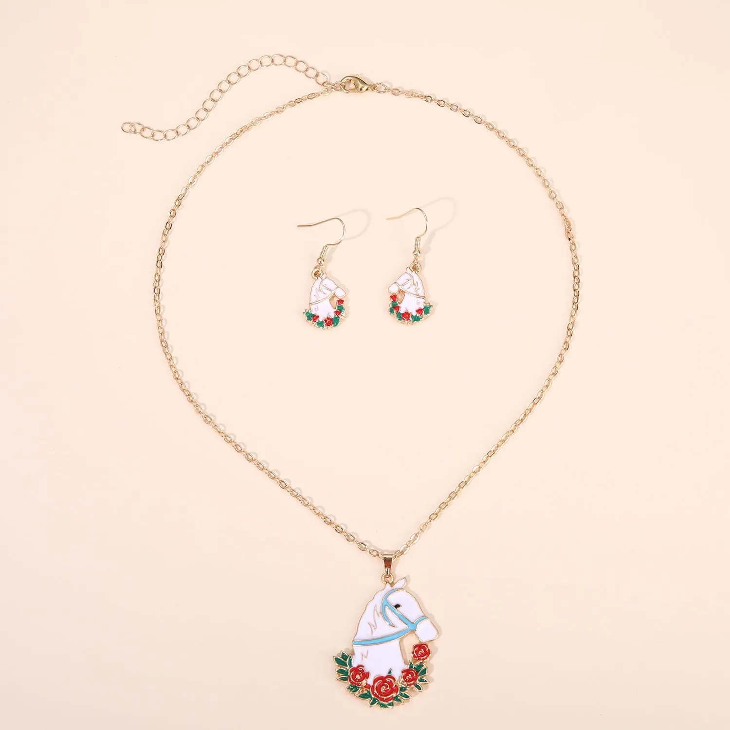 YAHPERN Kentucky Derby Necklace Earrings for Women Lucky Horseshoe Necklace Rose Horse Long Pendant Necklace Dangle Earrings Kentucky Derby Jewelry Set Costume Accessories Outfit Party Gifts