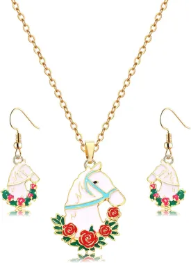 YAHPERN Kentucky Derby Necklace Earrings for Women Lucky Horseshoe Necklace Rose Horse Long Pendant Necklace Dangle Earrings Kentucky Derby Jewelry Set Costume Accessories Outfit Party Gifts